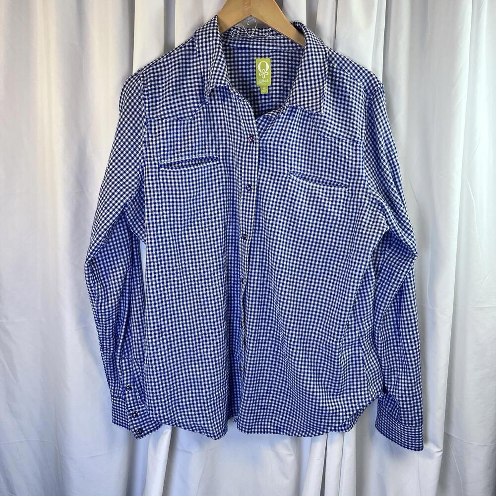 QMack Women’s Blouse Blue And White Checked XL Soft. Pearl Buttons EUC
